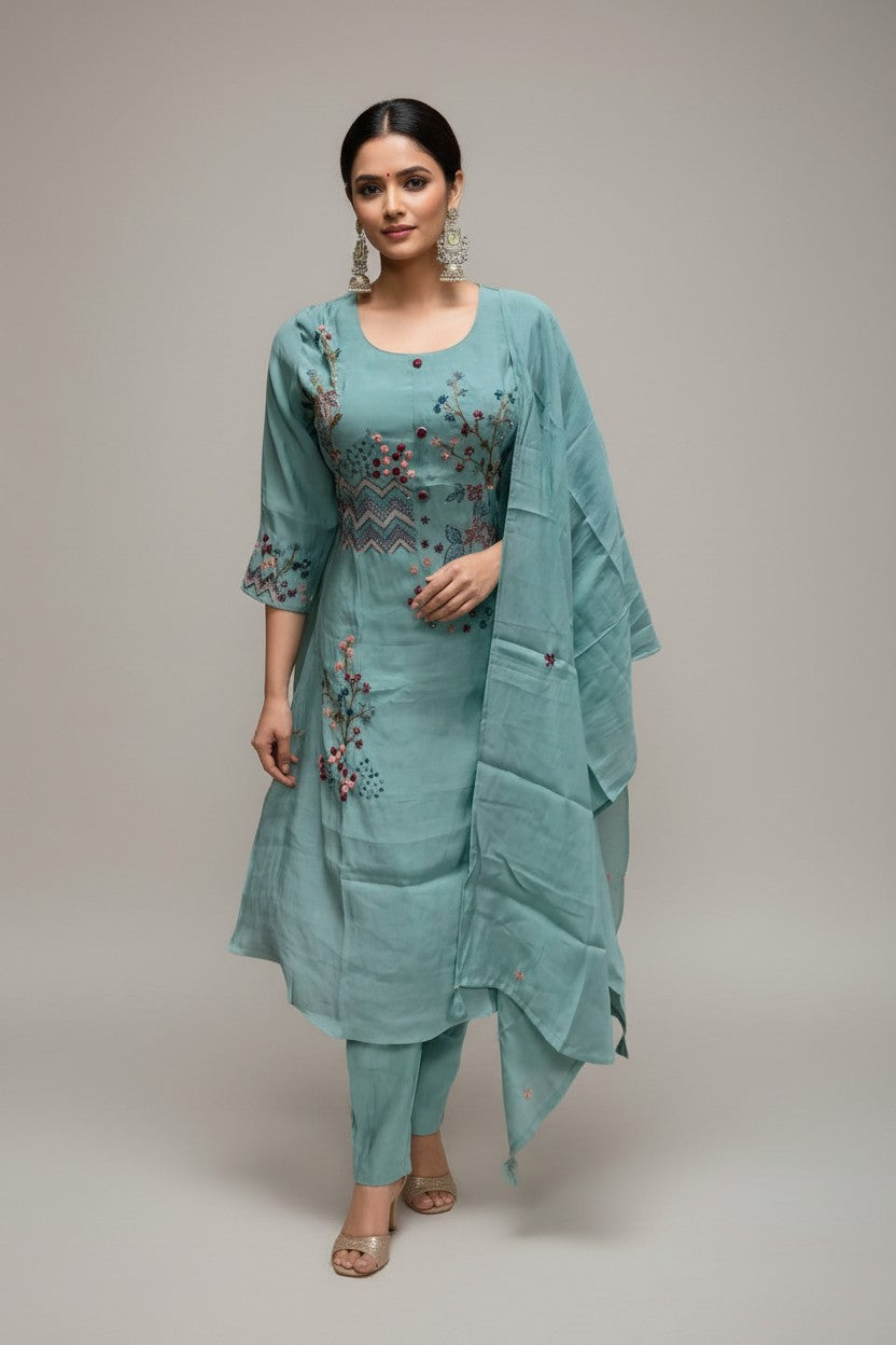 Rangoli teal embroidered kurta set with pants and dupatta. Lightweight fabric with floral embroidery and threadwork.