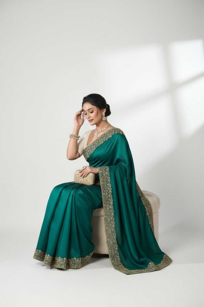 Rangoli teal silk saree with gold embroidered border and matching blouse. Elegant, luxurious, perfect for special occasions.