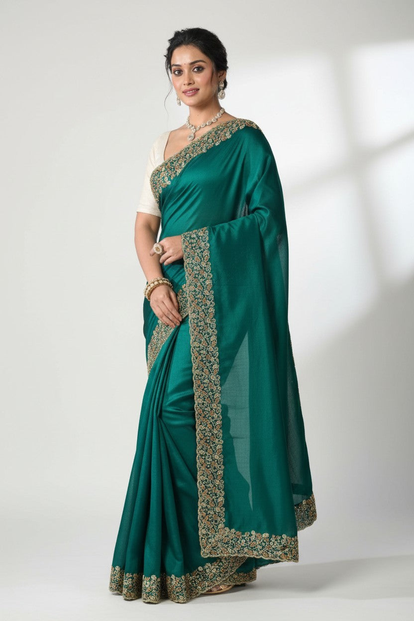 Rangoli teal silk saree with gold embroidered border and matching blouse. Elegant for special occasions.