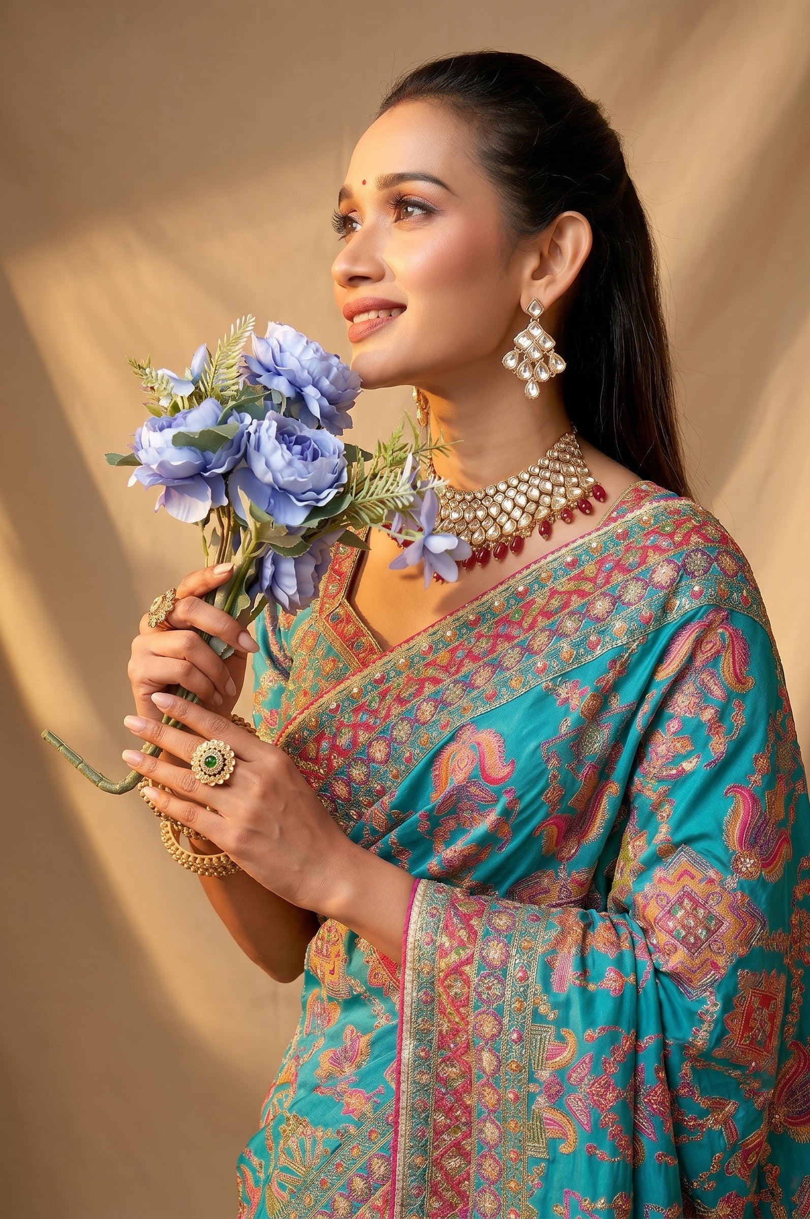 Rangoli teal silk saree with intricate paisley embroidery, detailed border, and pallu. Model wears statement jewelry.