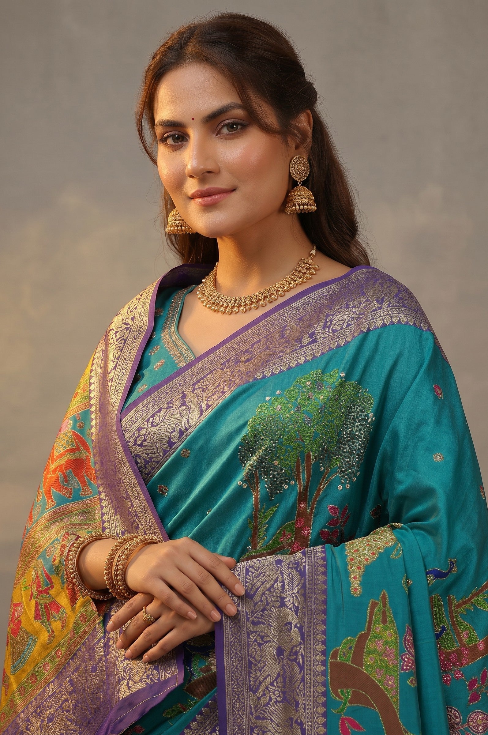 Rangoli teal silk saree with purple border, featuring whimsical trees, animals, and human figures. Intricate motifs and subtle embellishments.