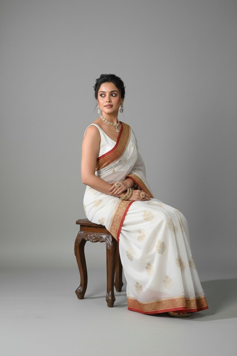 Rangoli white cotton silk saree with red and gold border, intricate woven motifs, perfect for special occasions.