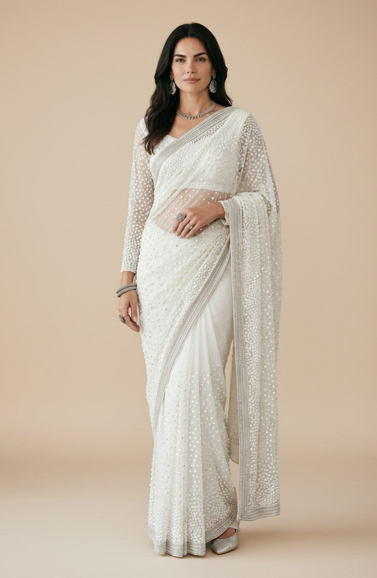 Rangoli white georgette saree with pearl and sequin embellishments, sheer full sleeves, and matching blouse. Ideal for special occasions.