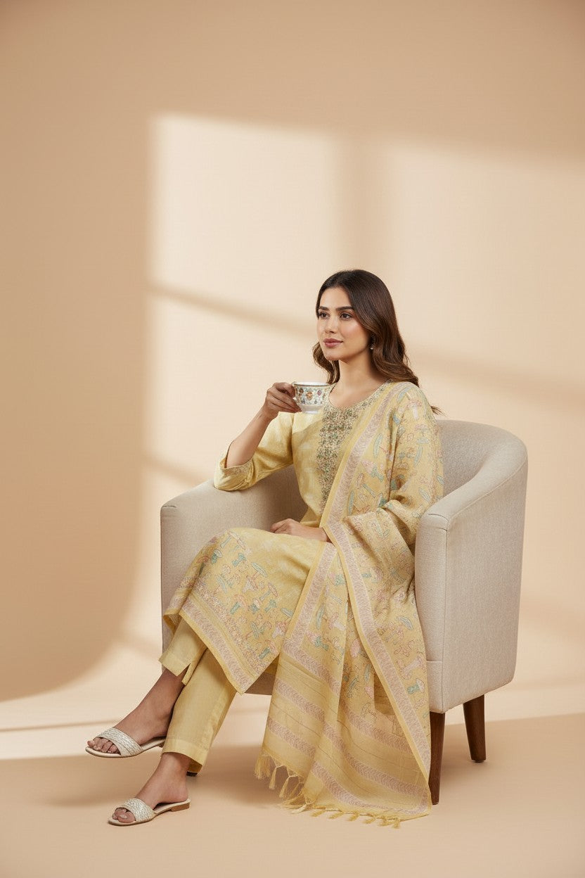 Rangoli yellow silk kurta set with embroidered neckline and tassel-bordered dupatta. Includes matching pants.