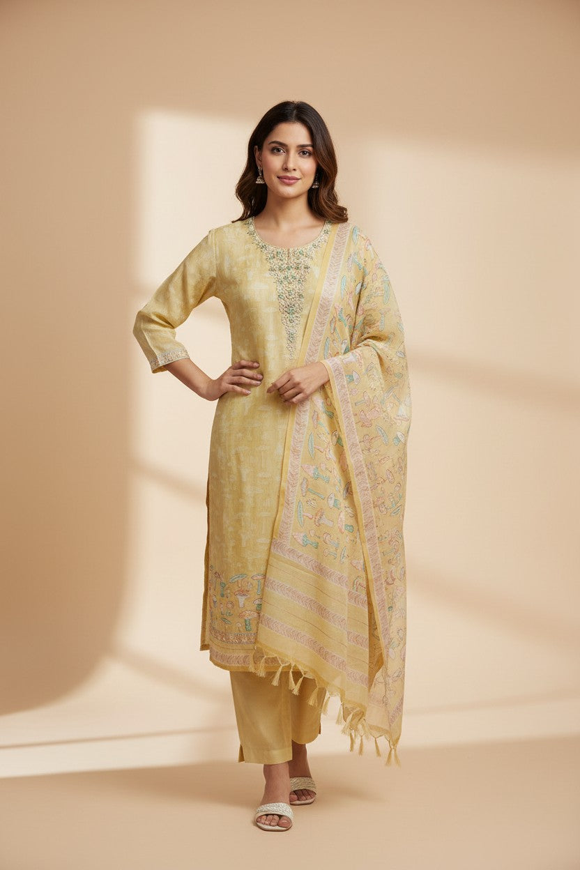 Rangoli yellow silk kurta set with embroidered neckline and hem, matching pants, and printed dupatta with tassel border.