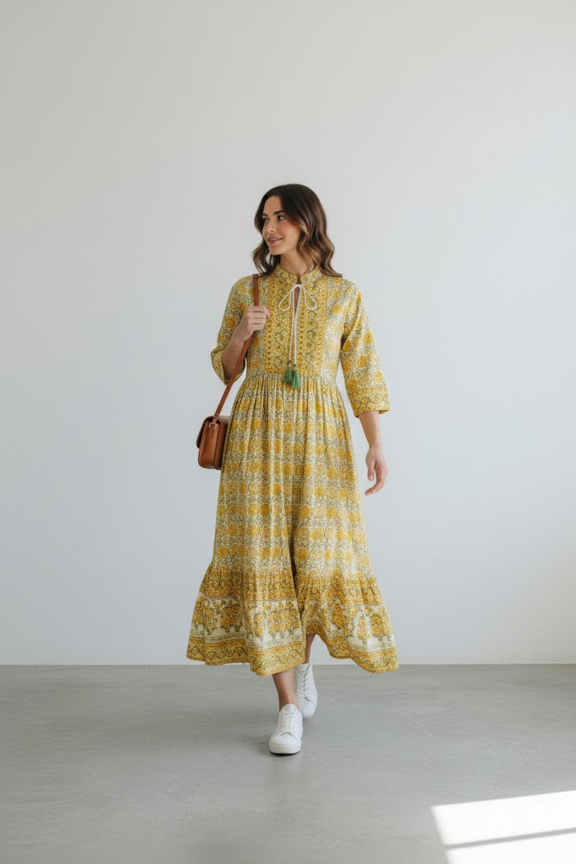 Rangoli yellow floral print midi dress with tie-neck, tassel detail, and tiered hem. Lightweight fabric, 3/4 sleeves.