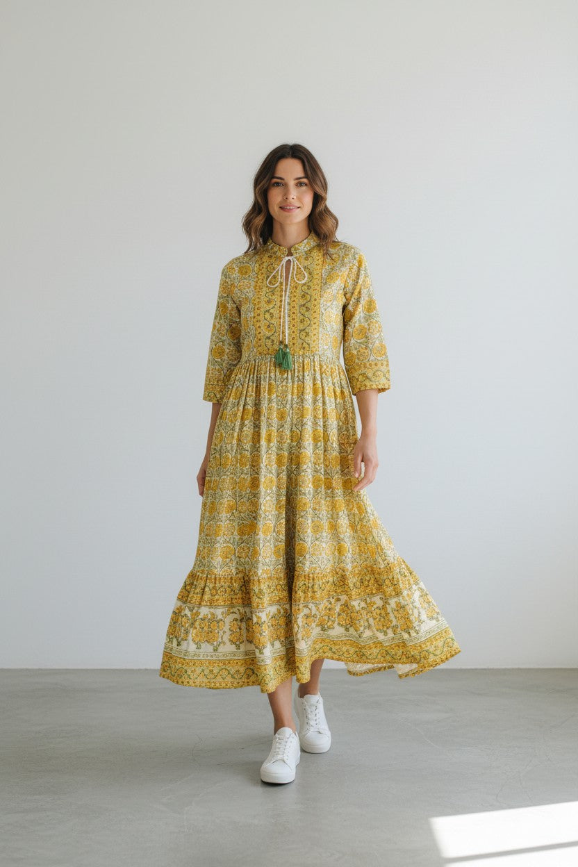 Rangoli yellow floral print midi dress with tie-neck and green tassel detail. Lightweight, flowing bohemian style.