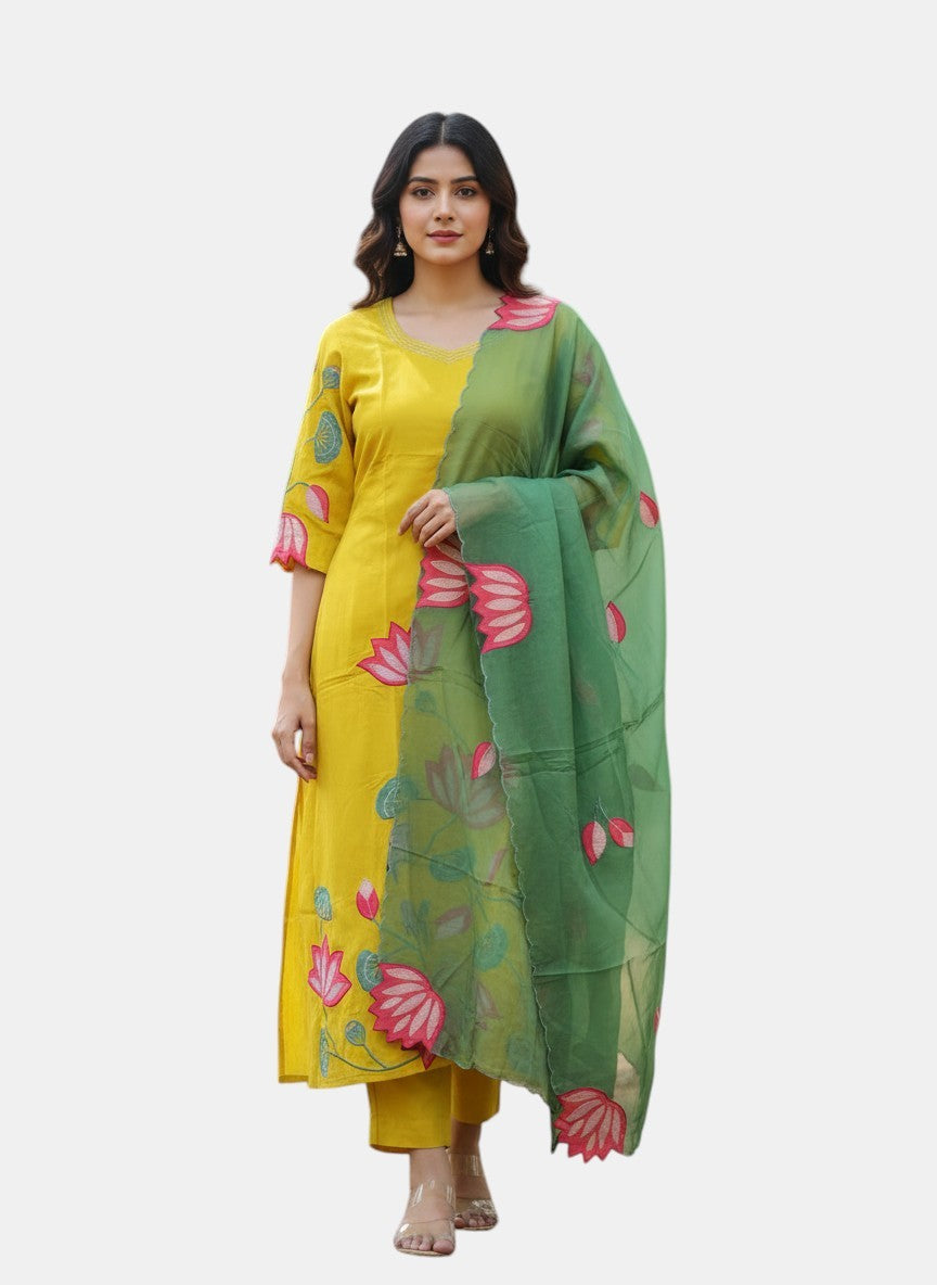 Rangoli yellow kurta set with green dupatta, featuring pink and blue lotus embroidery. Comfortable, breathable fabric, ideal for festive occasions.