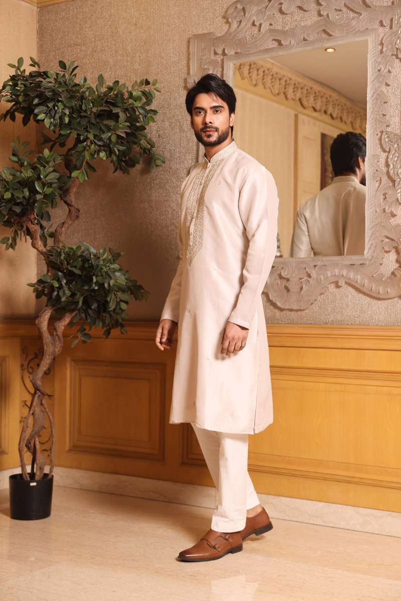 Sand Beige Tussar Silk Kurta Set