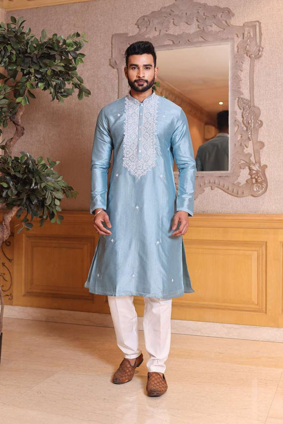 Sky Blue Tussar Silk Kurta Set