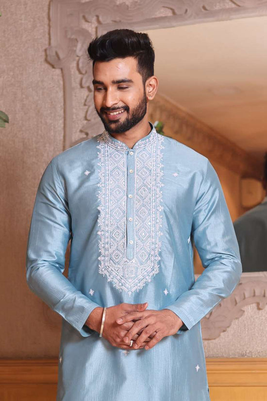 Sky Blue Tussar Silk Kurta Set