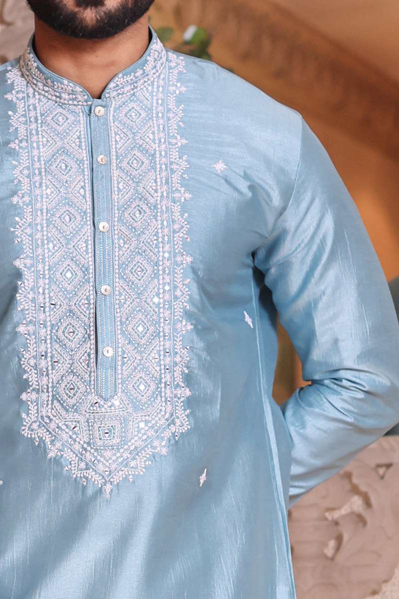 Sky Blue Tussar Silk Kurta Set