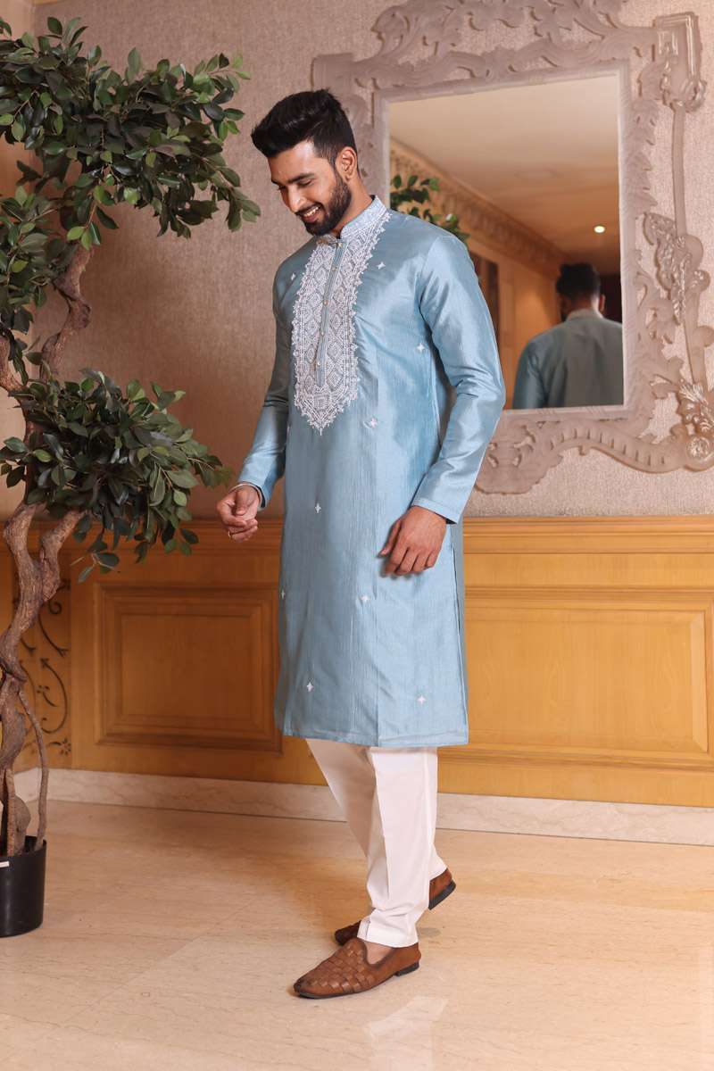 Sky Blue Tussar Silk Kurta Set