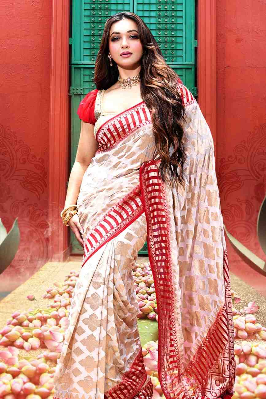 Beige & Red Khadi Georgette Banarasi Saree