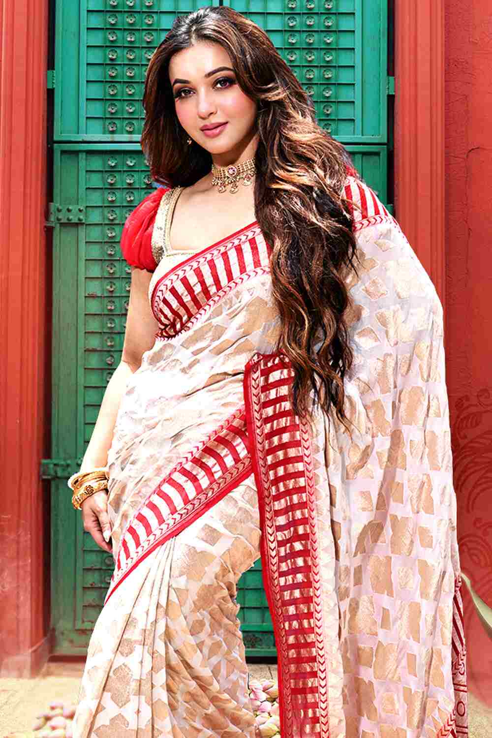 Beige & Red Khadi Georgette Banarasi Saree