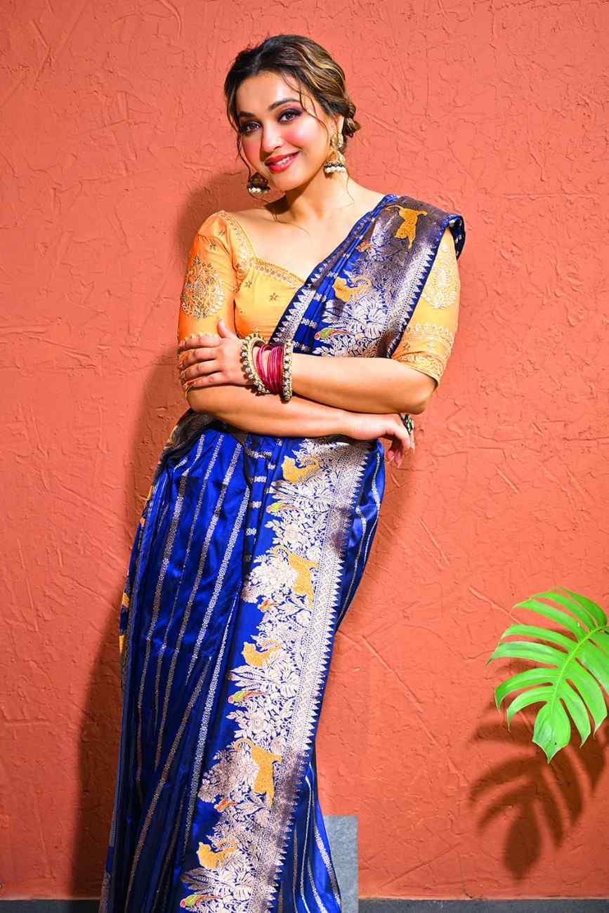 Navy Blue & Mustard Yellow Katan Silk Saree