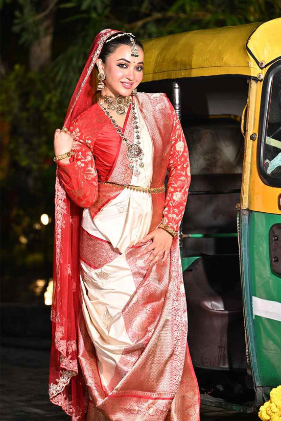 Off White & Red Katan Silk Saree