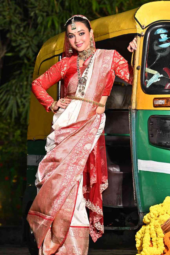 Off White & Red Katan Silk Saree