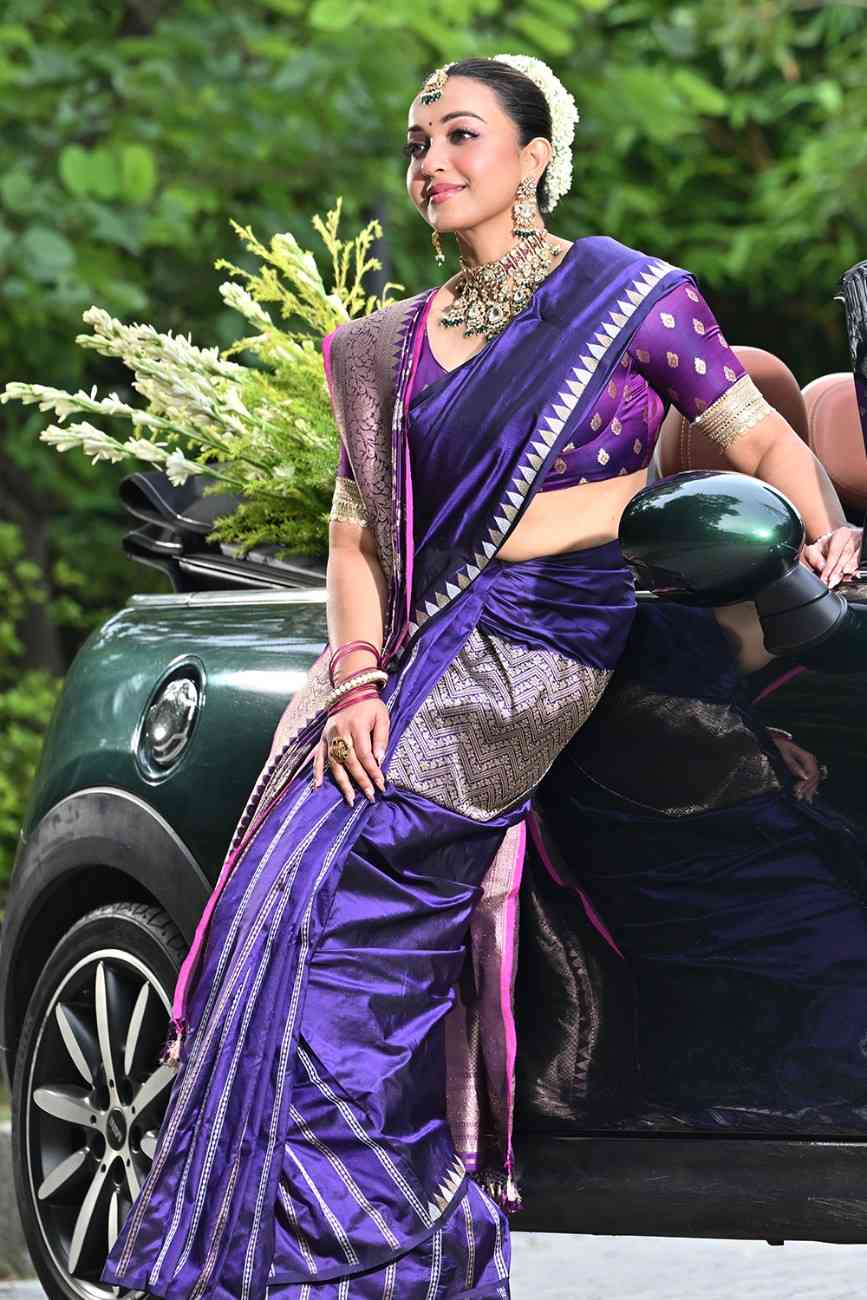 Rangoli Purple Katan Silk Saree with Traditional Woven Border