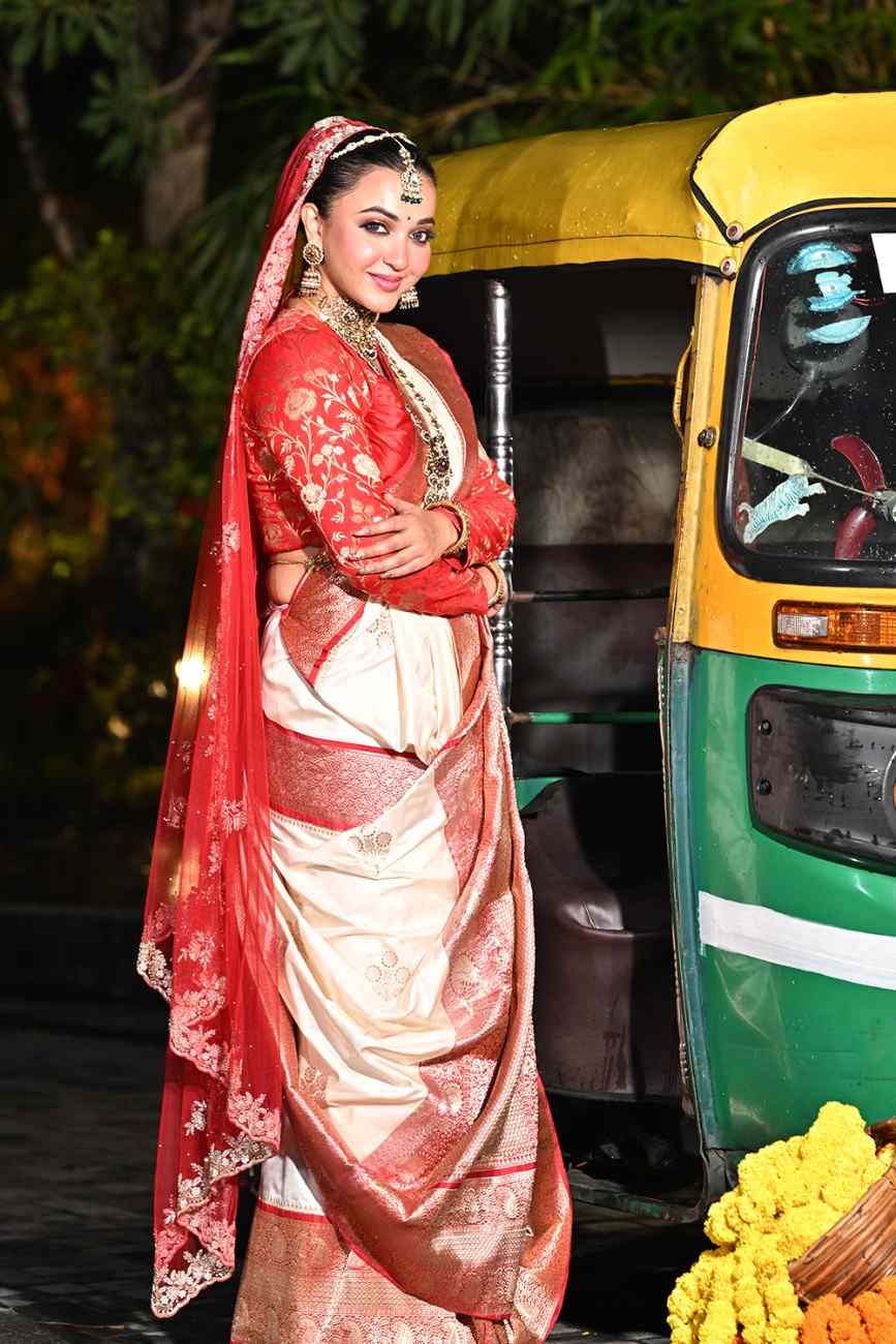 Off White & Red Katan Silk Saree
