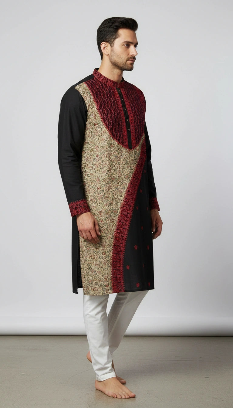 Man wearing a traditional kurta with intricate patterns on a plain background