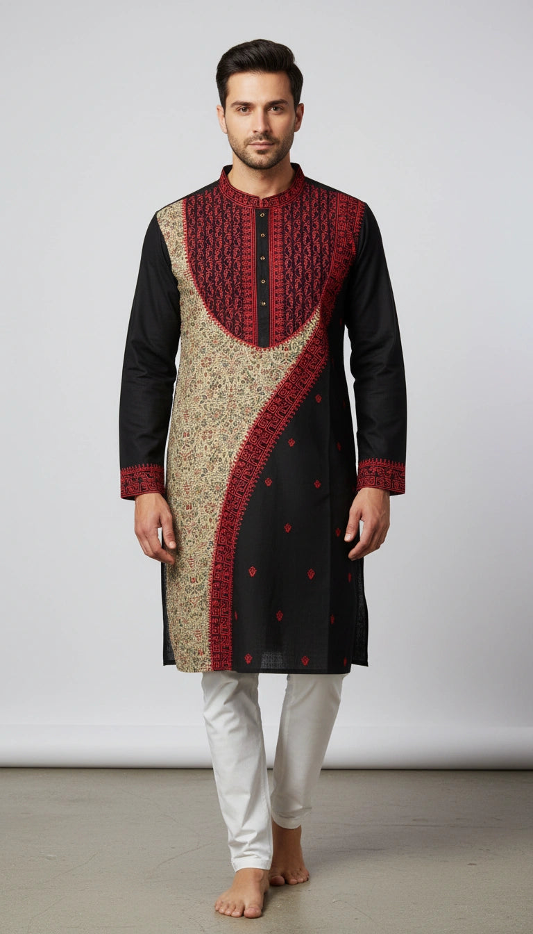 Man wearing a traditional kurta with black, red, and beige design on a plain background