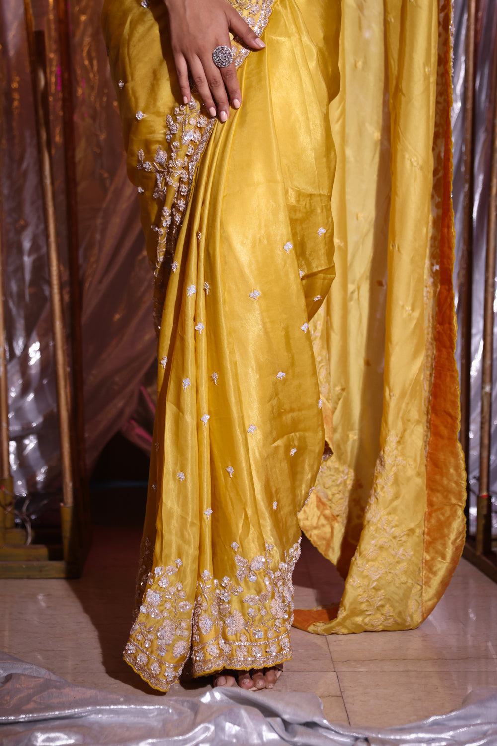 Mustard Designer Embroidery Saree