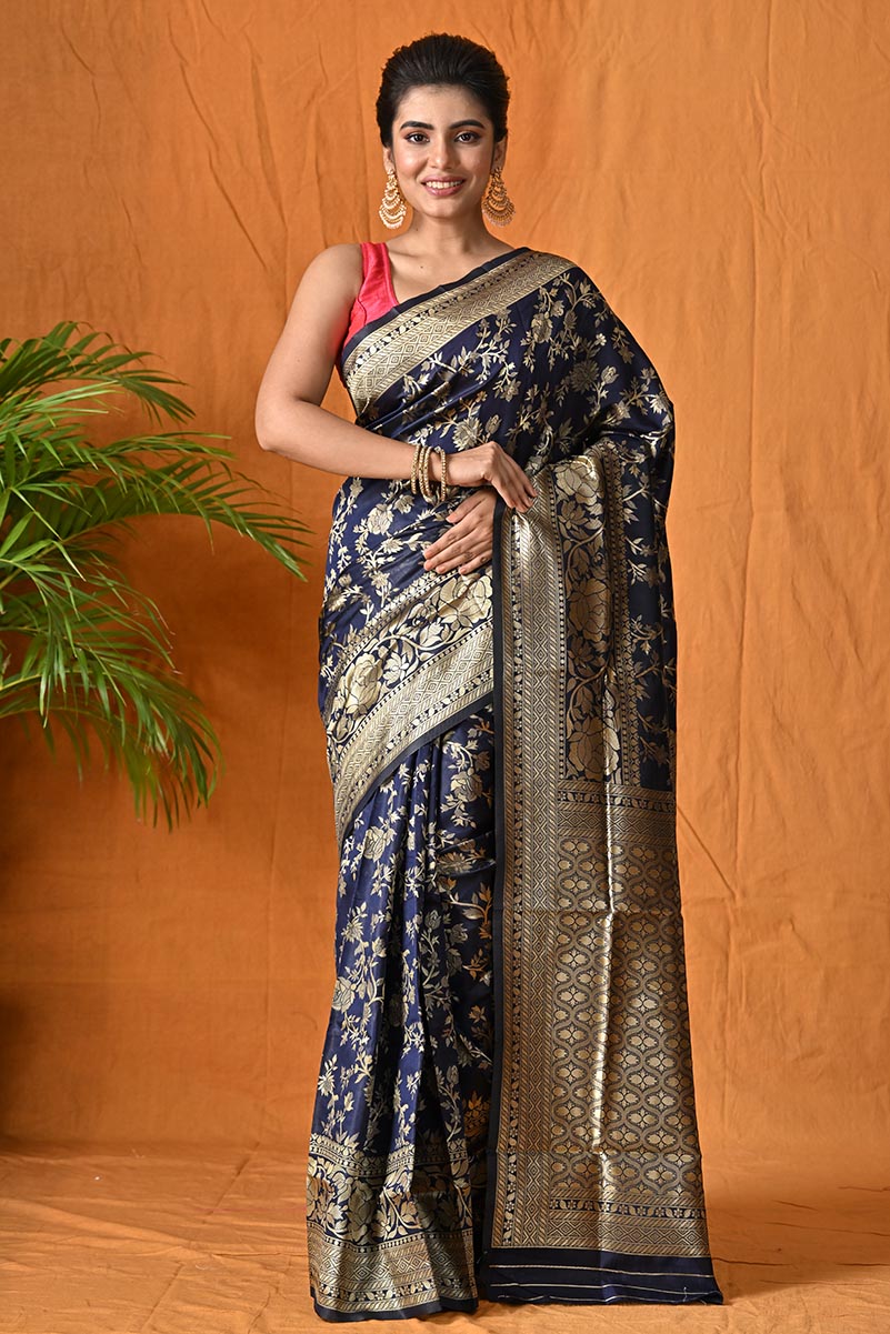 Dark blue woven banarasi saree with blouse - Amrut vastra - 3229942
