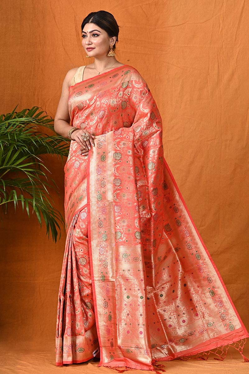 Staring Banarasi Silk Peach Fancy Traditional Saree -