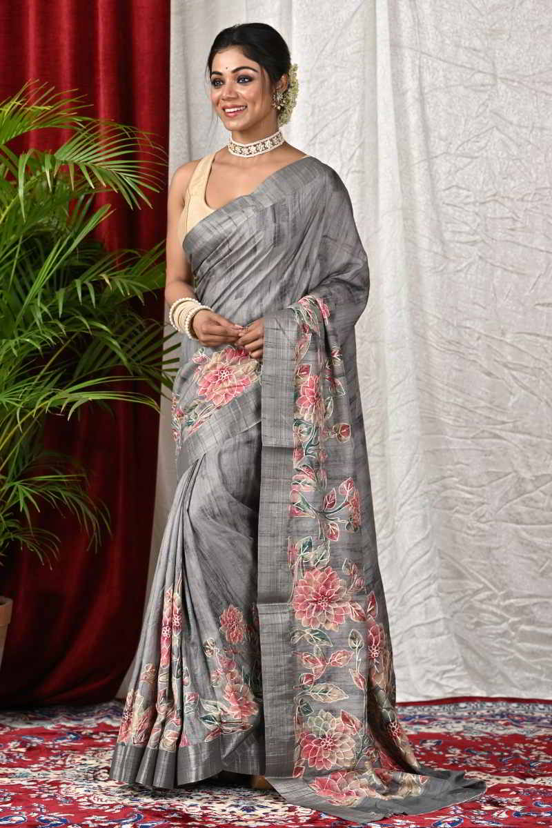 Shop Grey Tussar Silk Saree With Abstract Print And Zari Woven