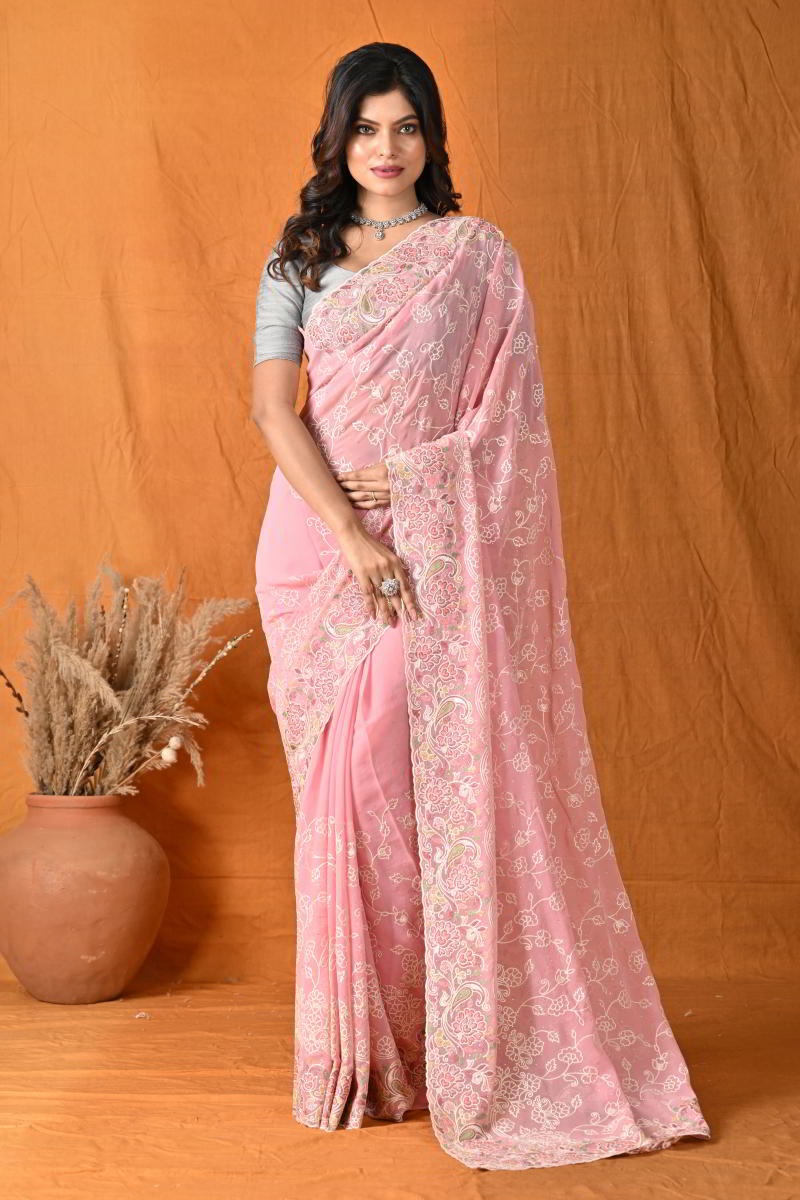 Blush Pink Designer Embroidery Saree