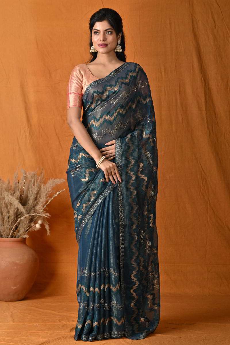 Peacock Blue Chiffon Party Wear Saree  Party wear sarees, Chiffon saree,  Chiffon fabric