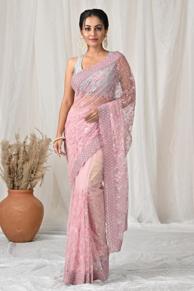 Perfect Silk Georgette Light Pink Wedding Saree Online